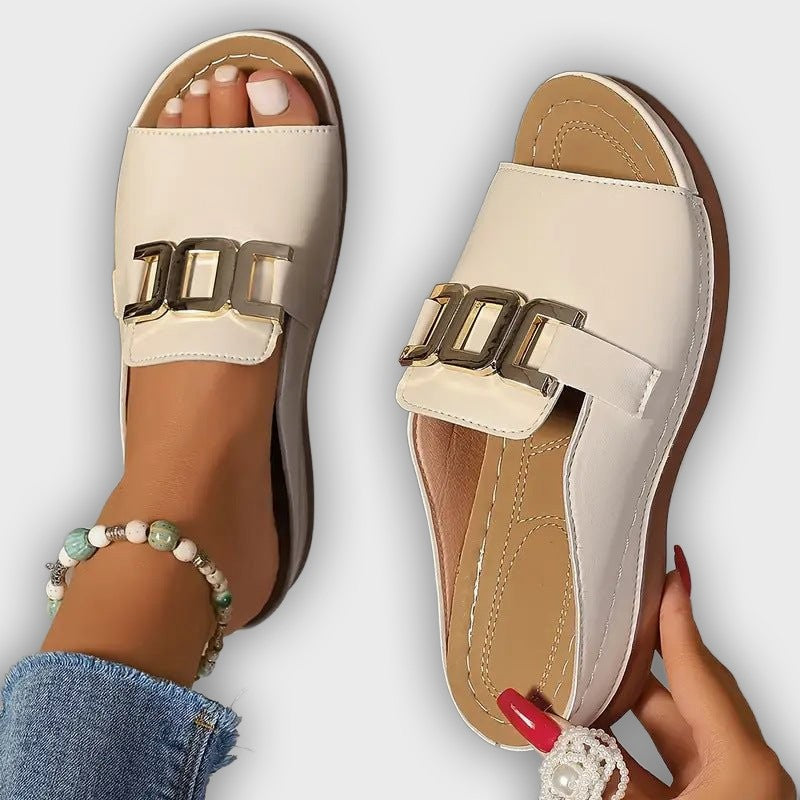 Lina Women’s Wedge Sandals – Open Toe – Metallic Buckle – Cushioned Insole