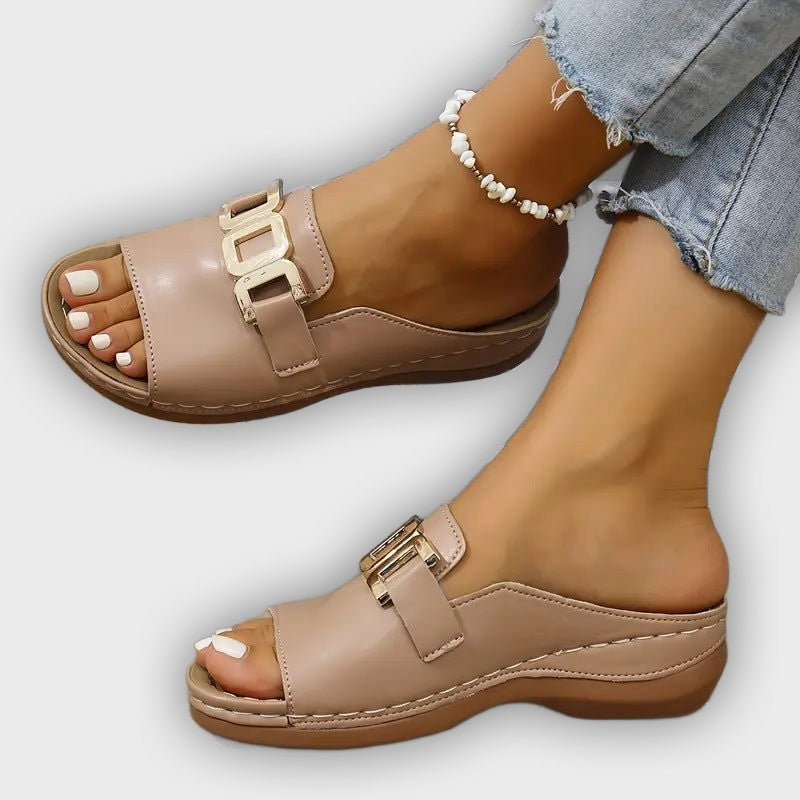 Lina Women’s Wedge Sandals – Open Toe – Metallic Buckle – Cushioned Insole