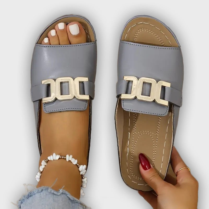 Lina Women’s Wedge Sandals – Open Toe – Metallic Buckle – Cushioned Insole