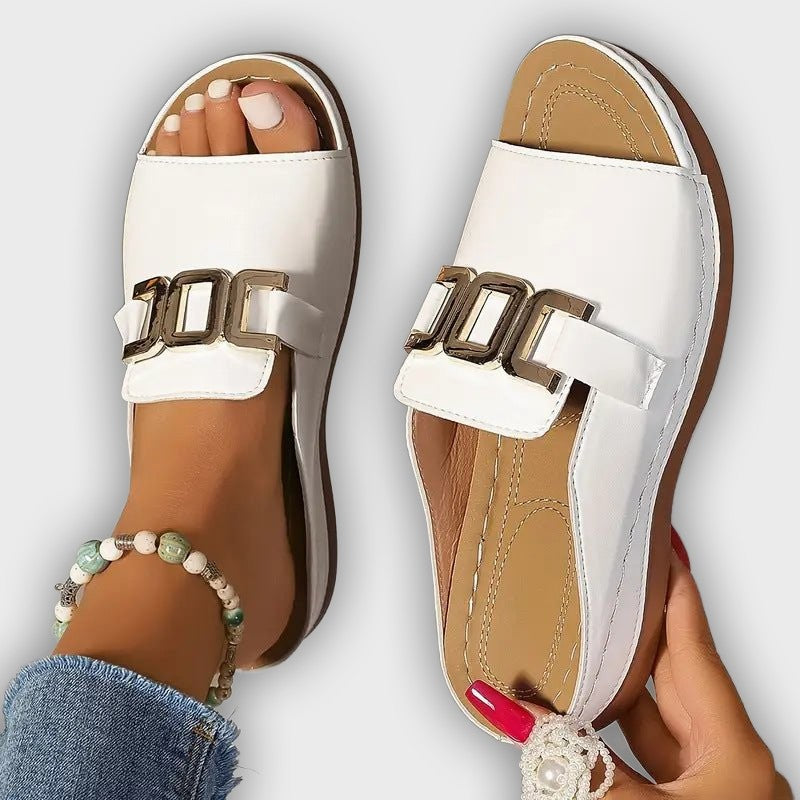 Lina Women’s Wedge Sandals – Open Toe – Metallic Buckle – Cushioned Insole