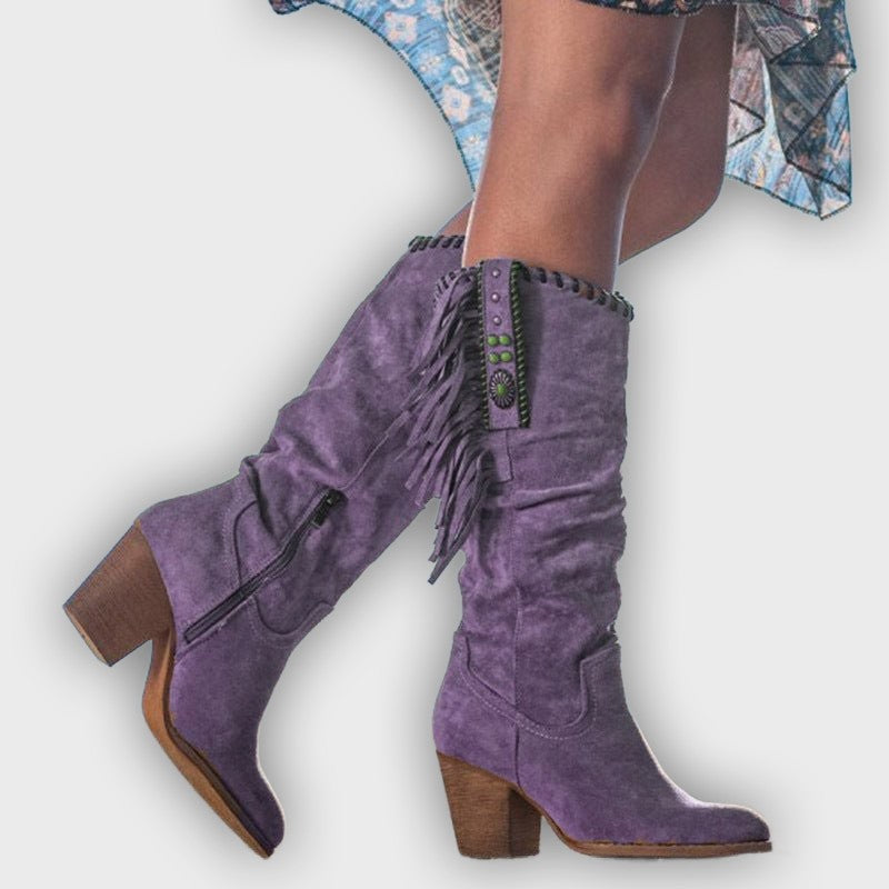 Lyanna – Women’s Knee-High Faux Suede Boots with Fringe & Block Heel