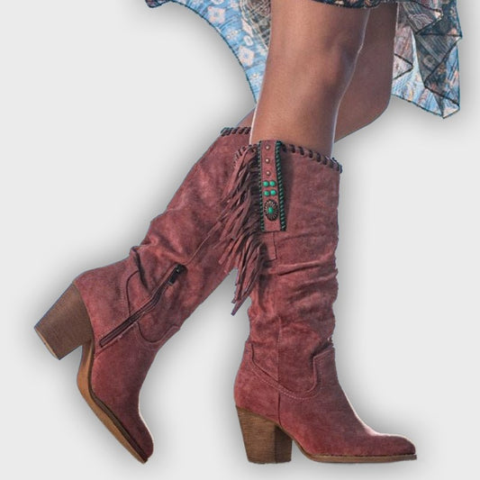 Lyanna – Women’s Knee-High Faux Suede Boots with Fringe & Block Heel