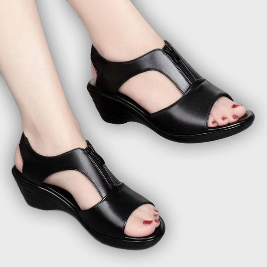 Lyra Women’s Wedge Sandals – Zipper Front – Cut-Out – Faux Leather