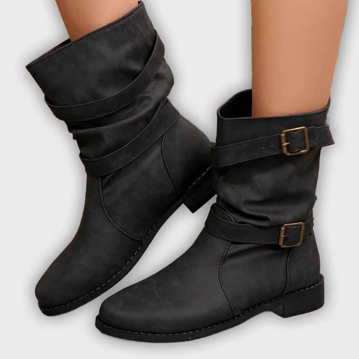 Marisol – Women’s Vintage Buckle Strap Mid-Calf Boots with Distressed Finish