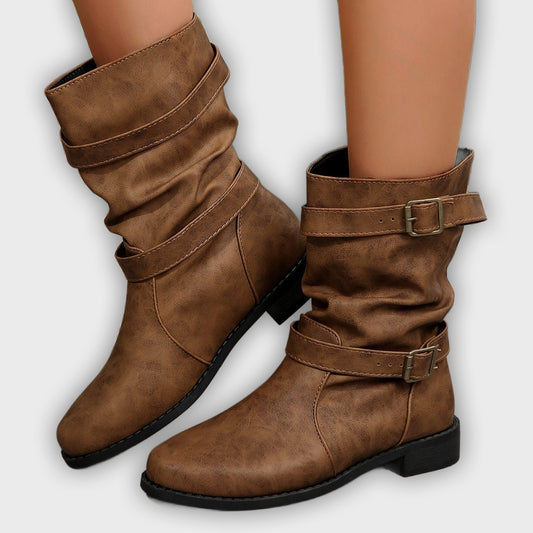 Marisol – Women’s Vintage Buckle Strap Mid-Calf Boots with Distressed Finish