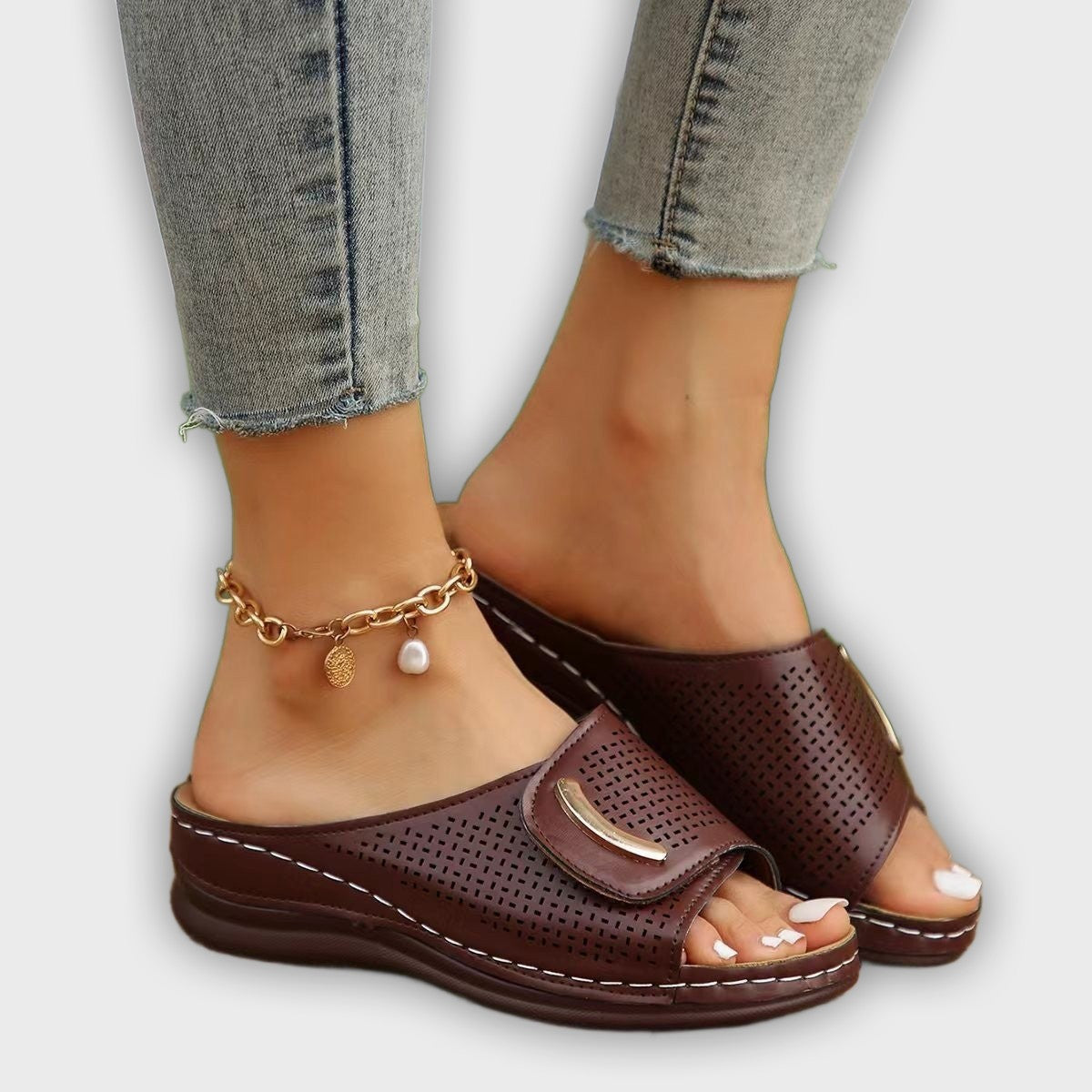 Marlene Wedge Sandals – Slip-On – Perforated PU Leather – Summer