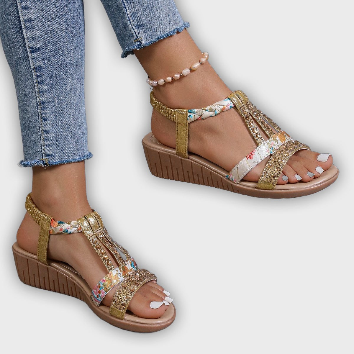 Maya Women’s Wedge Sandals – Rhinestone T-Strap – Braided Ankle – Medium Heel