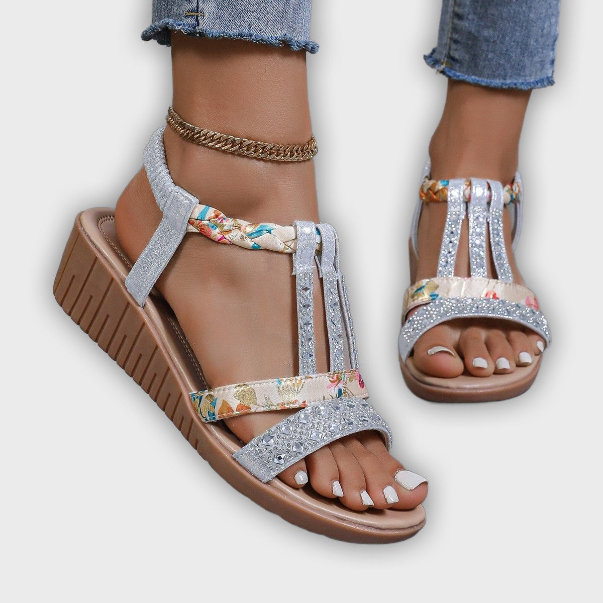 Maya Women’s Wedge Sandals – Rhinestone T-Strap – Braided Ankle – Medium Heel