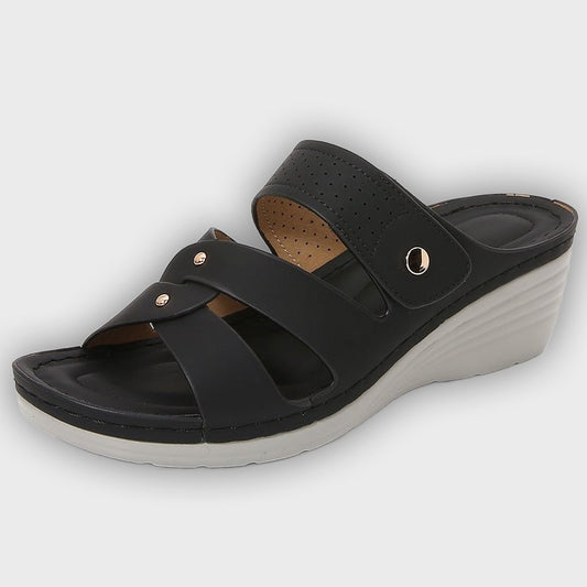 Mia Women’s Wedge Sandals – Slip-On – Rivet Strap – Cushioned Insole