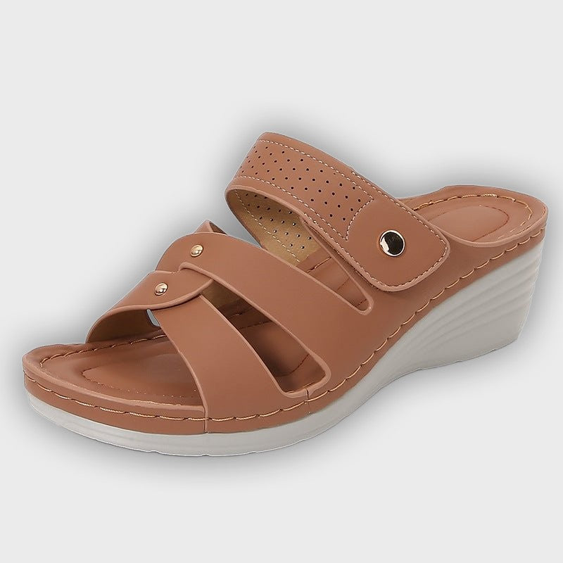 Mia Women’s Wedge Sandals – Slip-On – Rivet Strap – Cushioned Insole