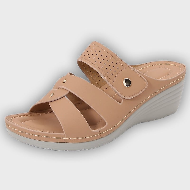 Mia Women’s Wedge Sandals – Slip-On – Rivet Strap – Cushioned Insole