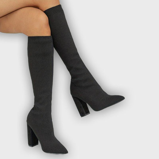 Mirella – Women’s Knee-High Sock Boots with Stretch Knit & Block Heel
