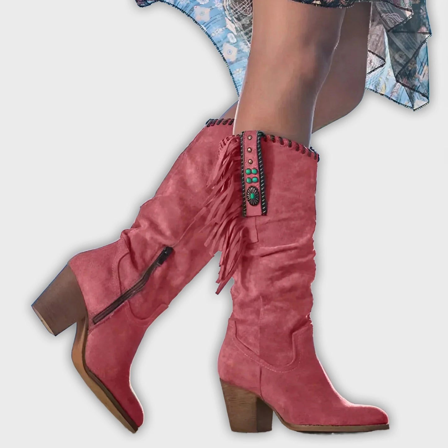 Morag – Women’s Mid-Calf Suede Fringe Boots – Block Heel – Western Boho Style