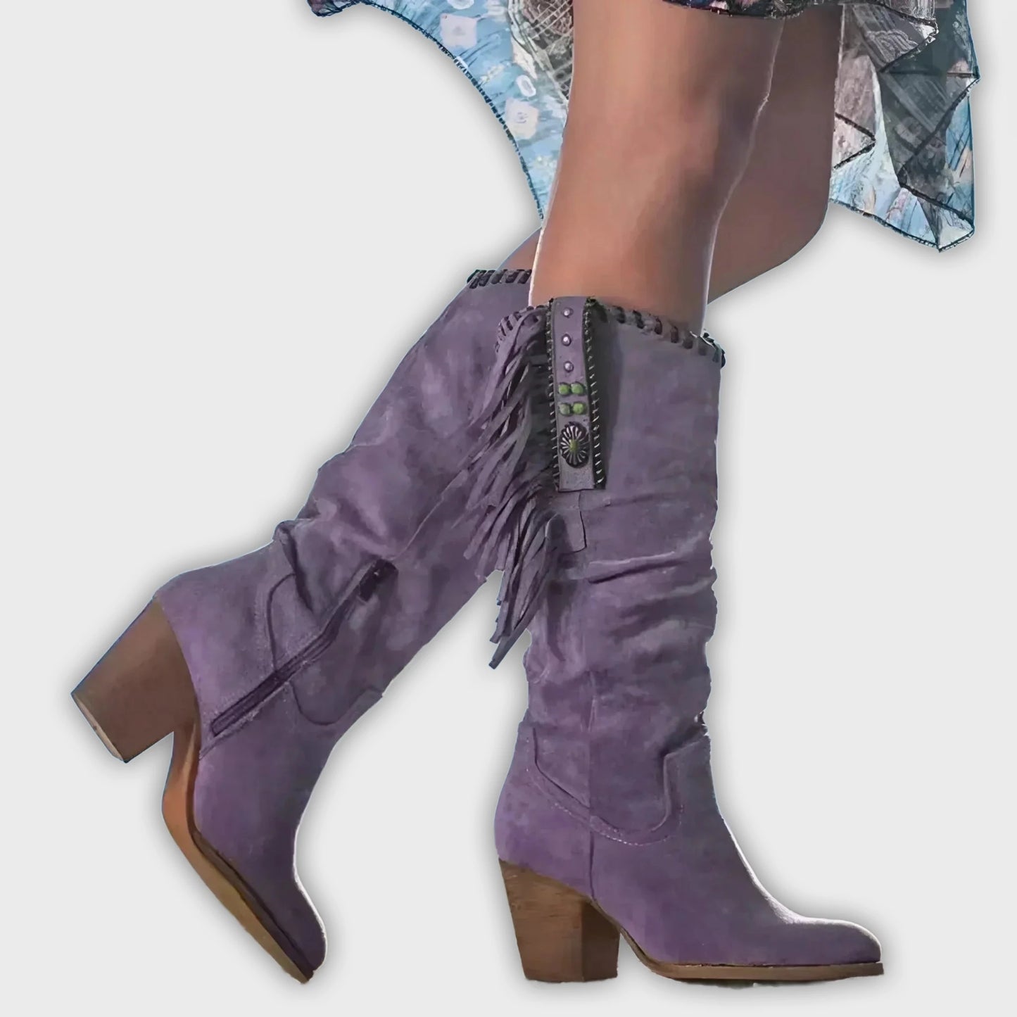 Morag – Women’s Mid-Calf Suede Fringe Boots – Block Heel – Western Boho Style