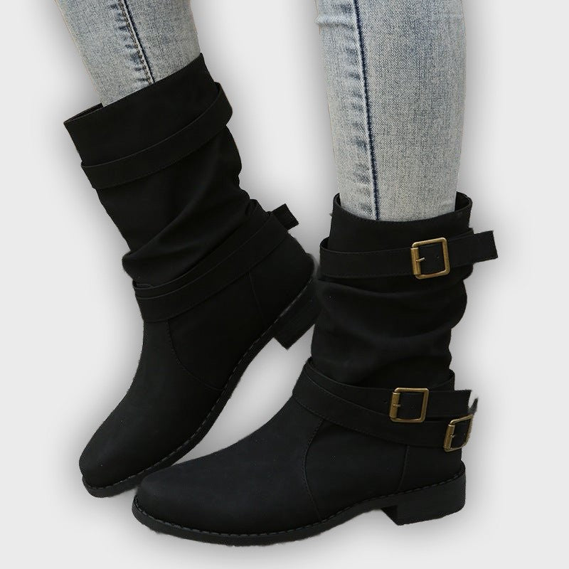 Noelia – Women’s Casual Buckle Strap Mid-Calf Boots with Low Block Heel