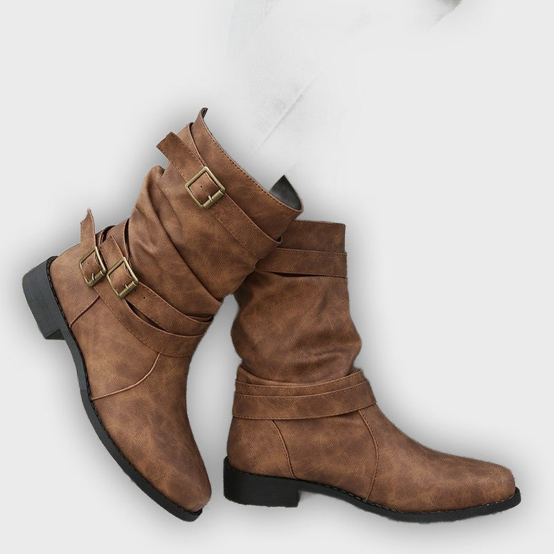 Noelia – Women’s Casual Buckle Strap Mid-Calf Boots with Low Block Heel