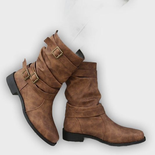 Noelia – Women’s Casual Buckle Strap Mid-Calf Boots with Low Block Heel