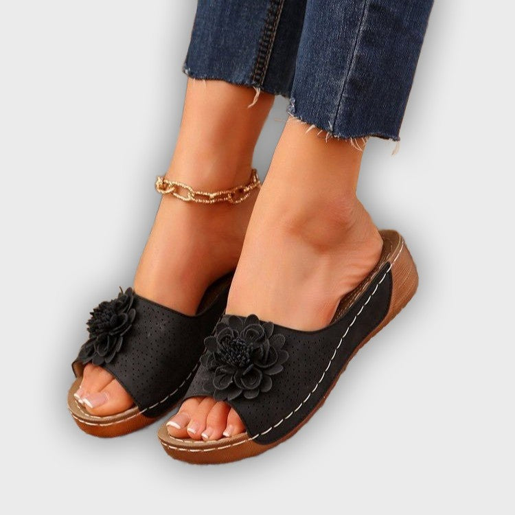 Noelle Women’s Wedge Sandals – Perforated Upper – Floral Accent – Open Toe