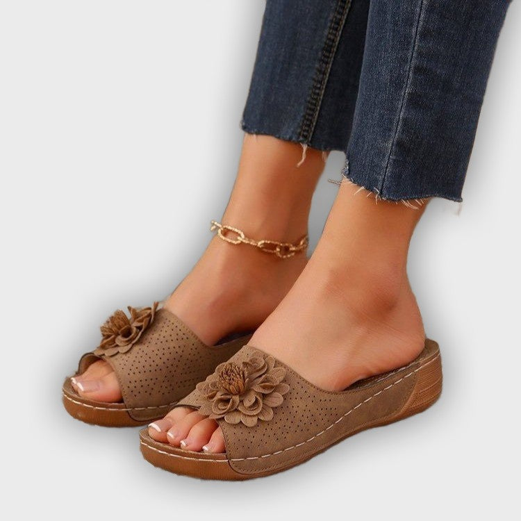 Noelle Women’s Wedge Sandals – Perforated Upper – Floral Accent – Open Toe
