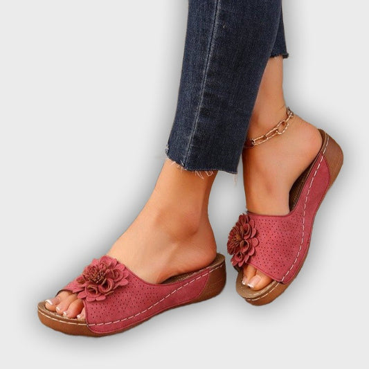 Noelle Women’s Wedge Sandals – Perforated Upper – Floral Accent – Open Toe