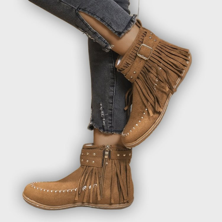 Norelle – Women’s Ankle Boots with Suede Fringe, Studs & Side Zip
