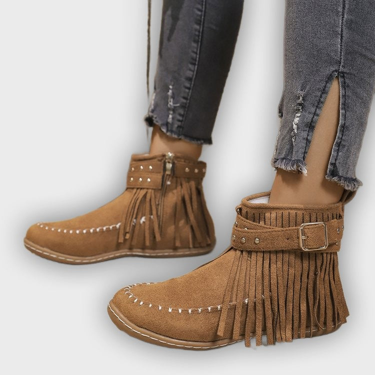 Norelle – Women’s Ankle Boots with Suede Fringe, Studs & Side Zip