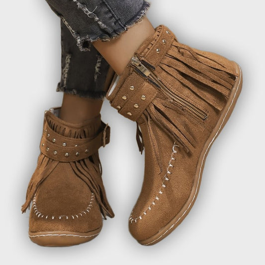 Norelle – Women’s Ankle Boots with Suede Fringe, Studs & Side Zip