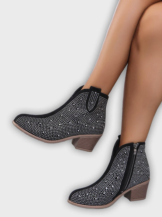 Novalie – Women’s Rhinestone Ankle Boots with Pointed Toe & Block Heel