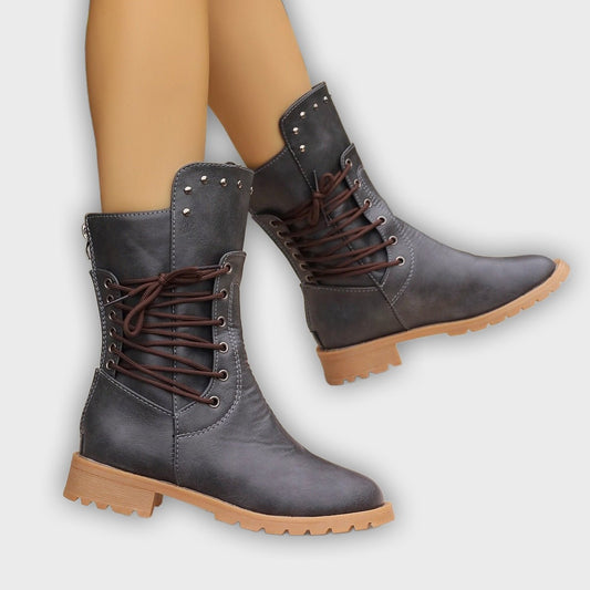 Nyra – Women’s Lace-Up Mid-Calf Boots with Chunky Heel & Stud Detail