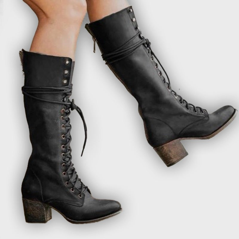 Renata – Women’s Knee-High PU Leather Boots with Lace-Up Front & Chunky Heel