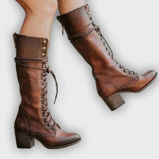 Renata – Women’s Knee-High PU Leather Boots with Lace-Up Front & Chunky Heel