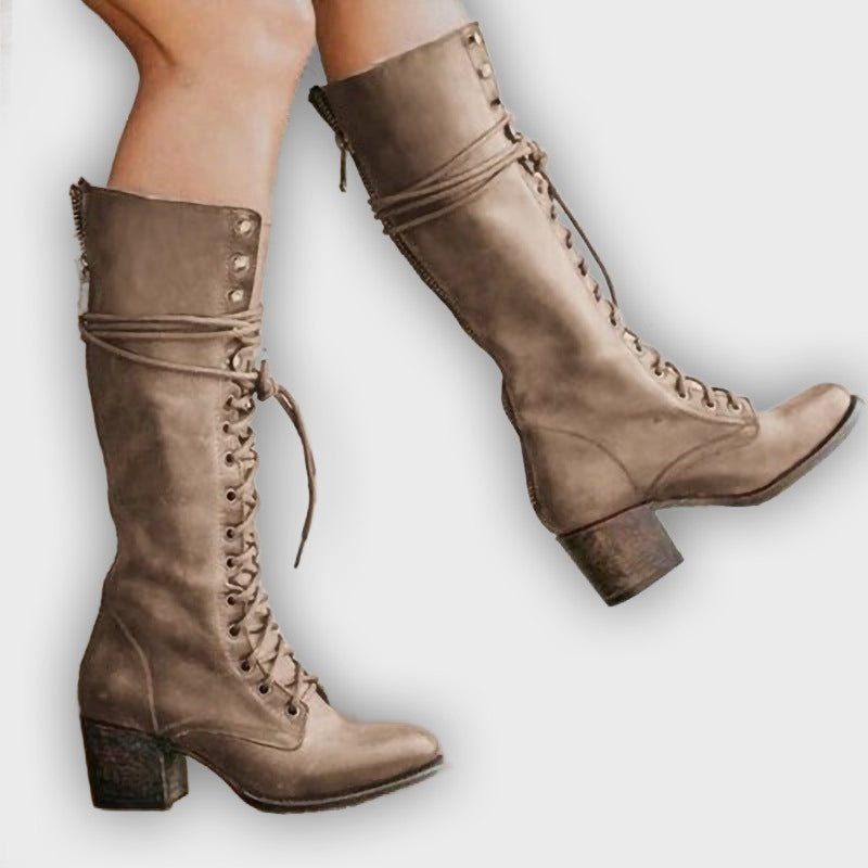 Renata – Women’s Knee-High PU Leather Boots with Lace-Up Front & Chunky Heel