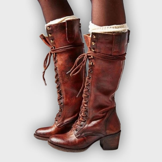 Renata – Women’s Knee-High PU Leather Boots with Lace-Up Front & Chunky Heel