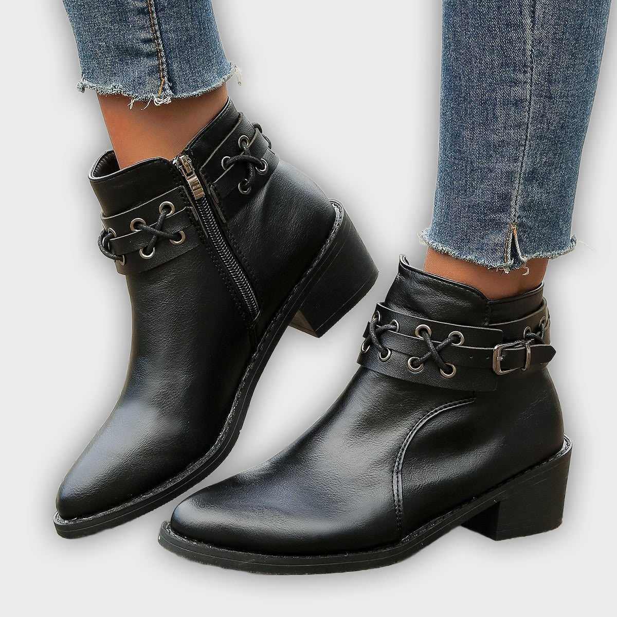 Renée – Women’s PU Leather Ankle Boots with Buckle, Laces & Block Heel