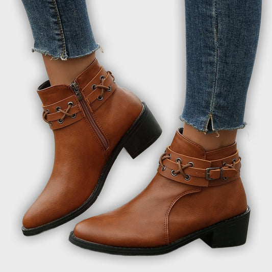 Renée – Women’s PU Leather Ankle Boots with Buckle, Laces & Block Heel