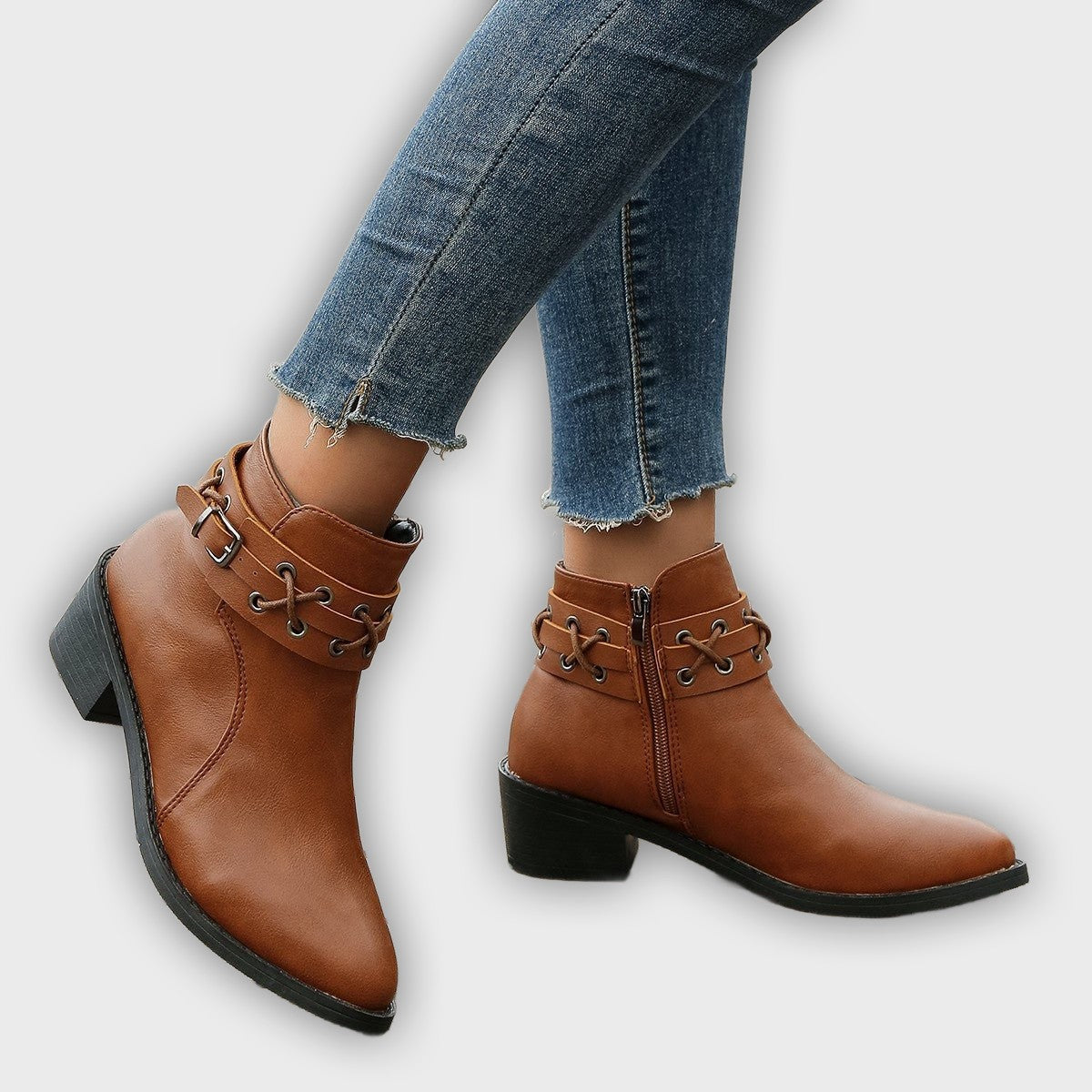 Renée – Women’s PU Leather Ankle Boots with Buckle, Laces & Block Heel