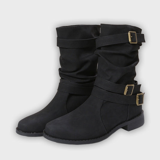 Romina – Women’s Buckle Strap Mid-Calf Boots with Chunky Heel & Round Toe