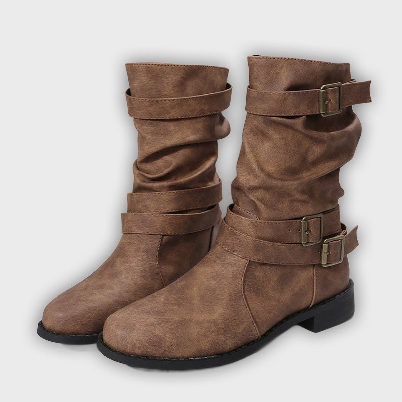 Romina – Women’s Buckle Strap Mid-Calf Boots with Chunky Heel & Round Toe