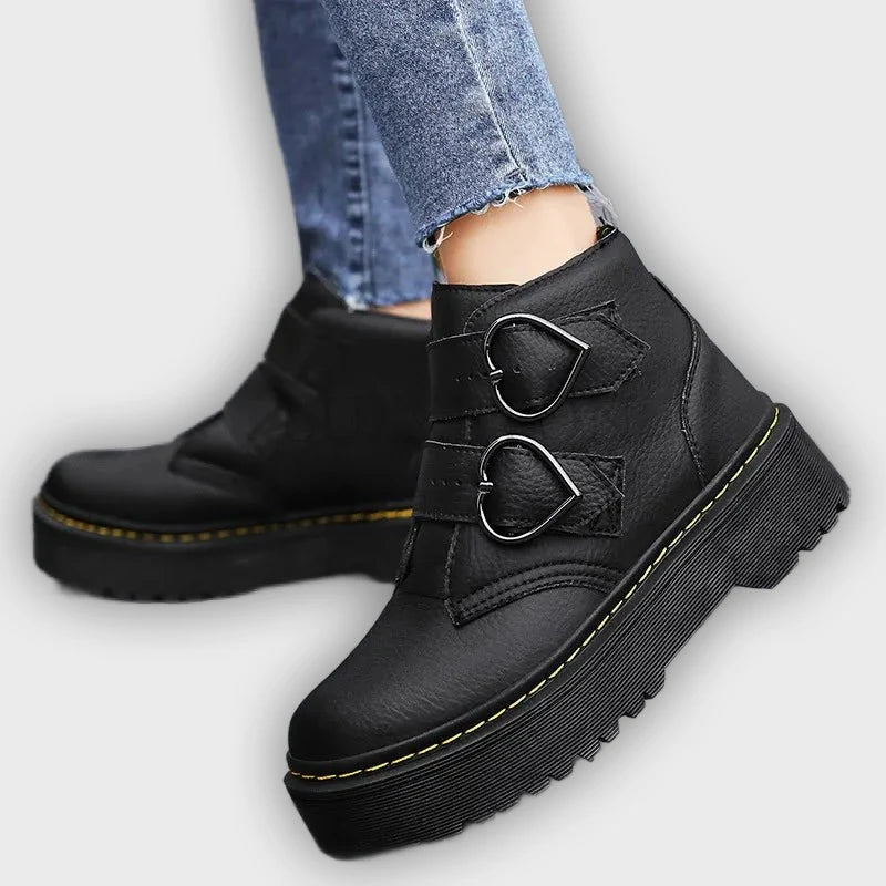 Ronja – Women’s Chunky Ankle Boots with Heart Buckle Straps