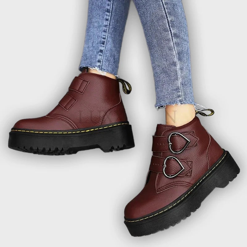 Ronja – Women’s Chunky Ankle Boots with Heart Buckle Straps
