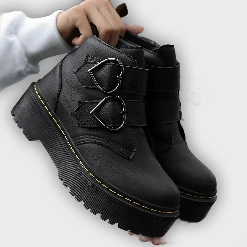 Ronja – Women’s Chunky Ankle Boots with Heart Buckle Straps