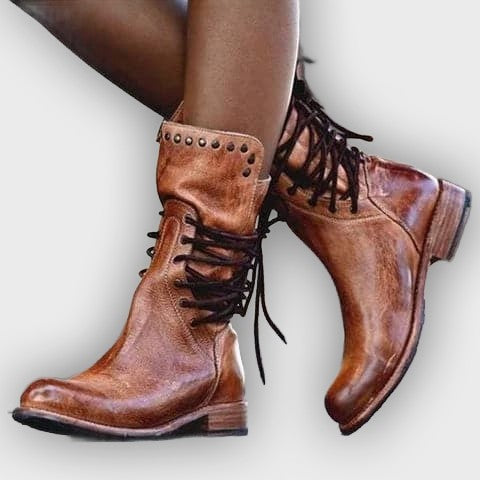 Rowan – Women’s Mid-Calf Lace-Up Leather Boots with Metal Stud Detail