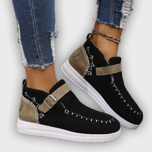 Selene – Women’s Slip-On Ankle Boots with Buckle Strap & Suede Look