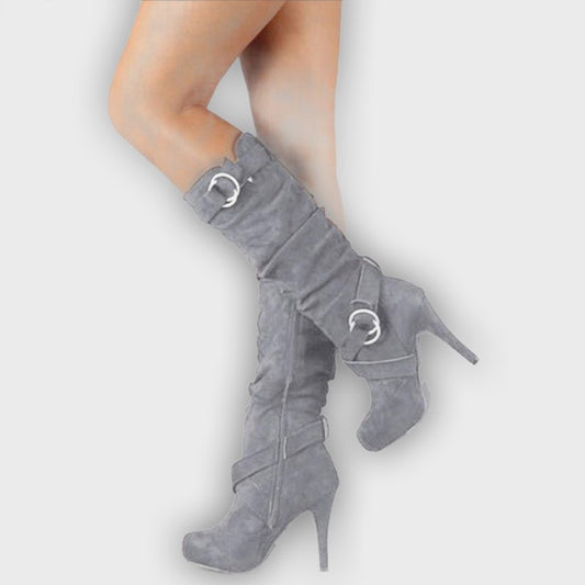 Selina – Women’s Knee-High Suede Boots with Stiletto Heel & Buckle Strap