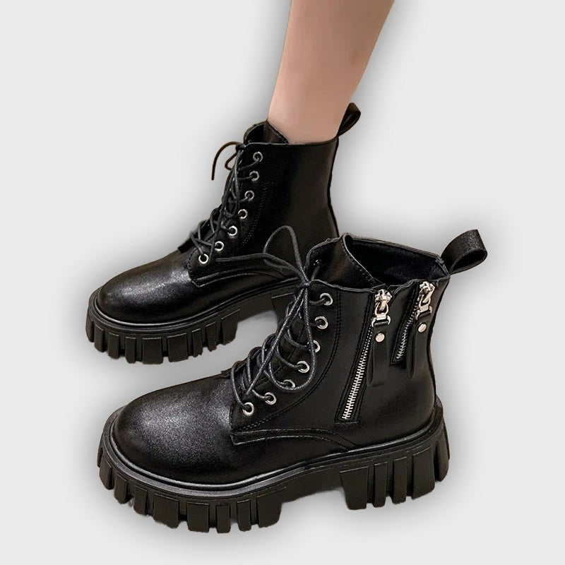 Selma – Women’s Chunky Platform Combat Boots with Side Zip & Lace-Up