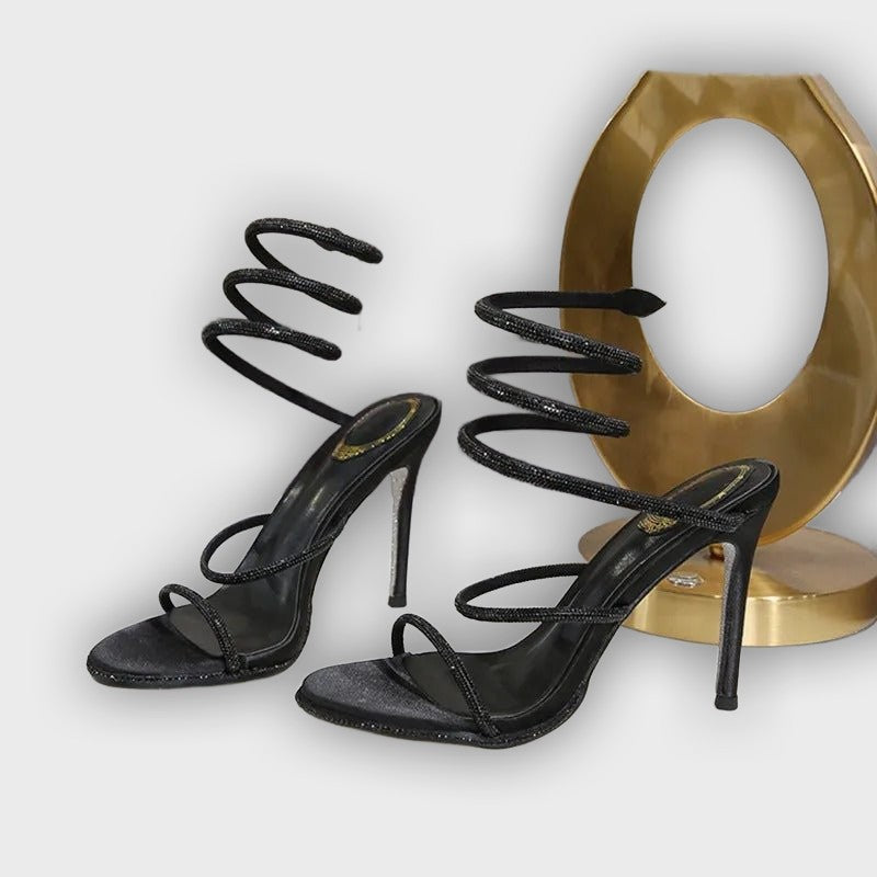 Seraphina Women’s Strappy High Heels – Crystal Spiral – Stiletto Sandals