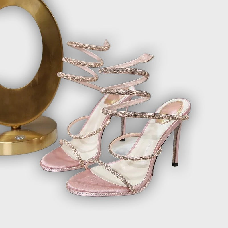 Seraphina Women’s Strappy High Heels – Crystal Spiral – Stiletto Sandals