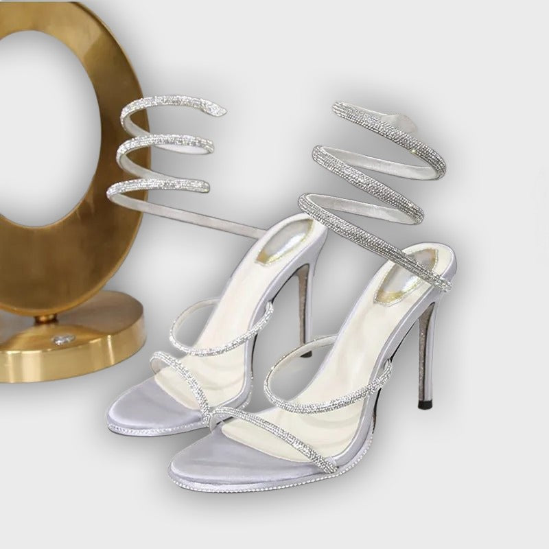 Seraphina Women’s Strappy High Heels – Crystal Spiral – Stiletto Sandals