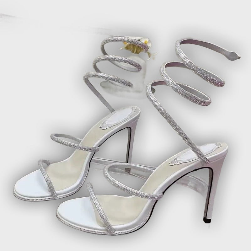 Seraphina Women’s Strappy High Heels – Crystal Spiral – Stiletto Sandals
