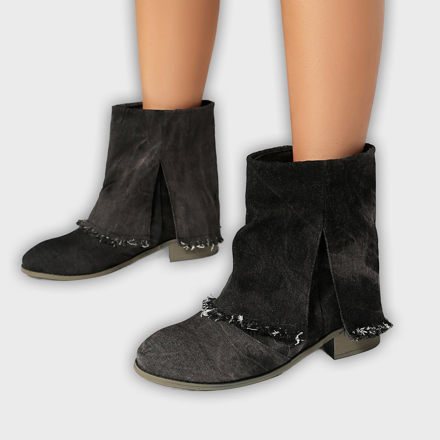 Sunniva – Women’s Denim Slip-On Ankle Boots with Distressed Trim & Side Slits